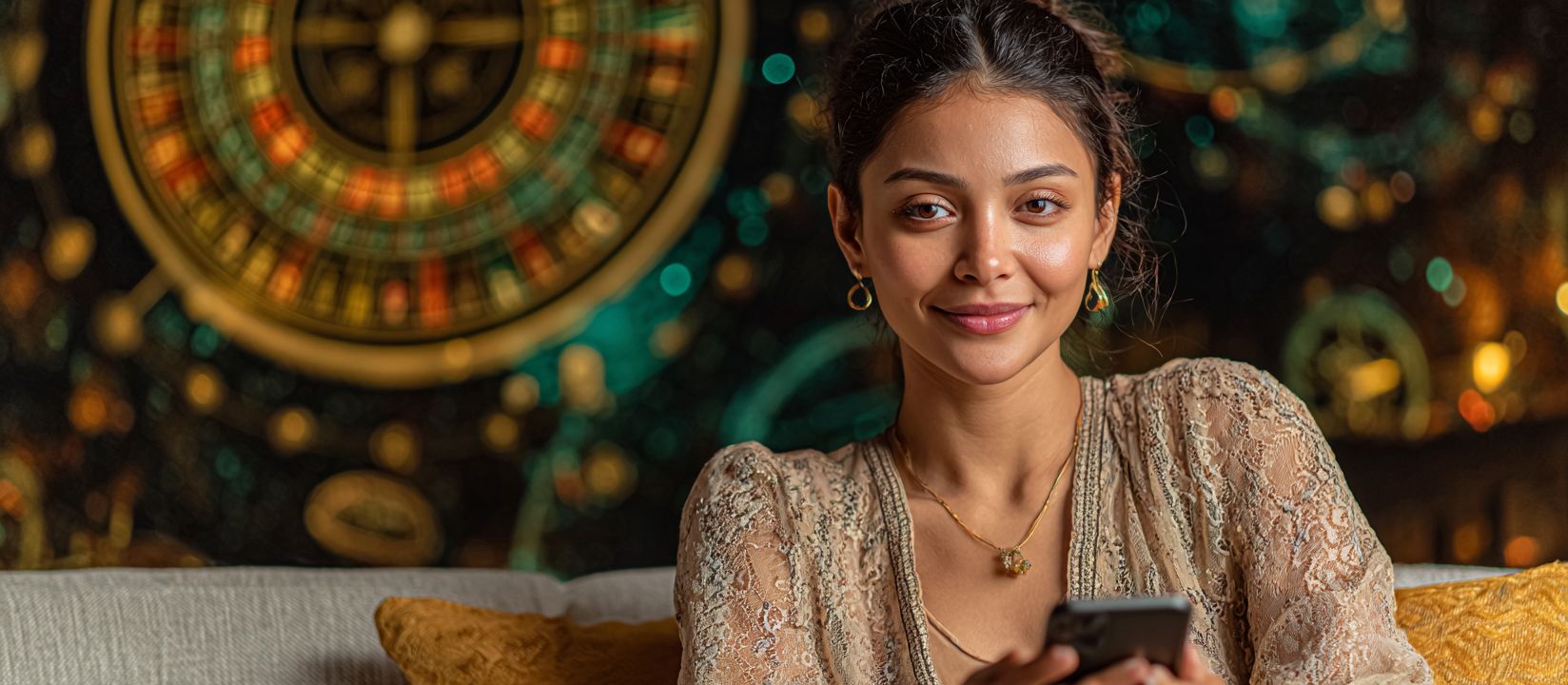 A woman with her phone in hand smiles as she sits on the couch playing the 499BEt app.