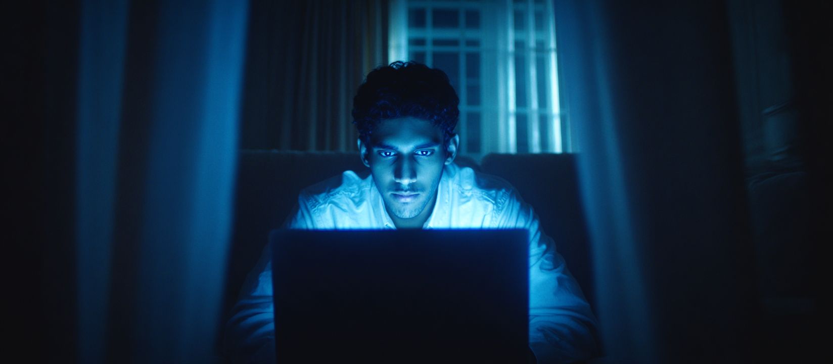 A man in a white shirt sits in the dark in front of a laptop and plays Aviator at 499Bet