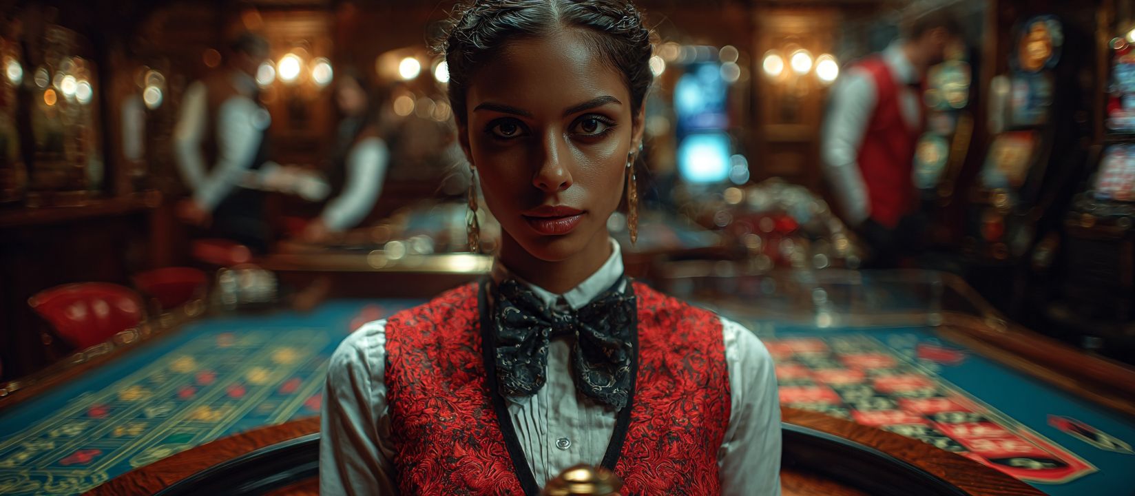 499Bet live dealer in a red waistcoat and bowtie stands at the gaming table in the casino