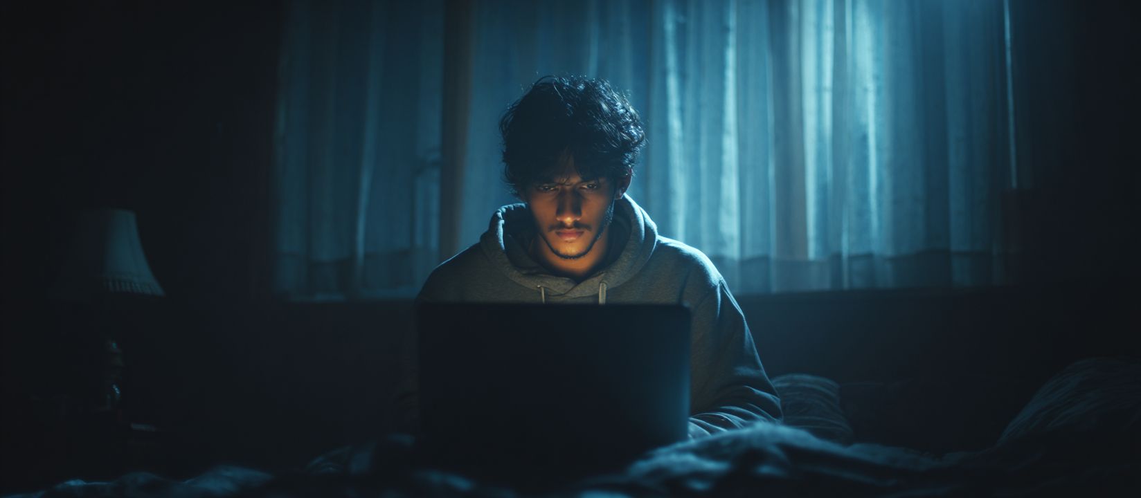 A young man in a hoodie sits in a dark room in front of a laptop and plays 499Bet casino games.