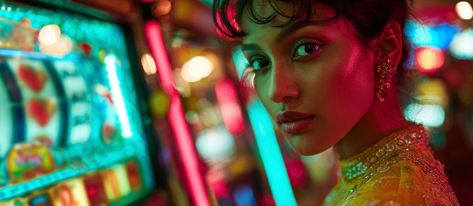 A woman in a gold outfit stands next to brightly coloured 499Bet slot machines, illuminated by the neon lights of the casino.
