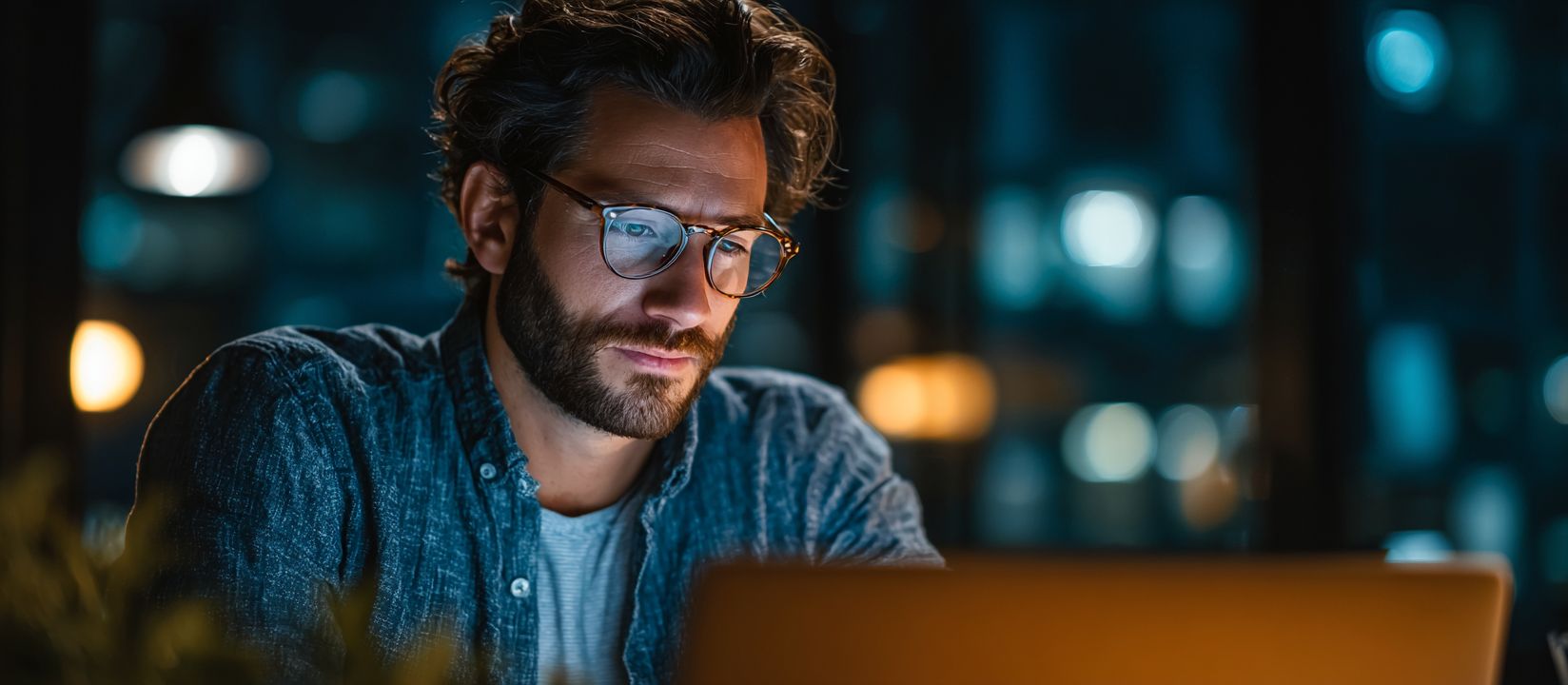 A man with glasses and a beard sits at his laptop betting on cricket at 499BET.